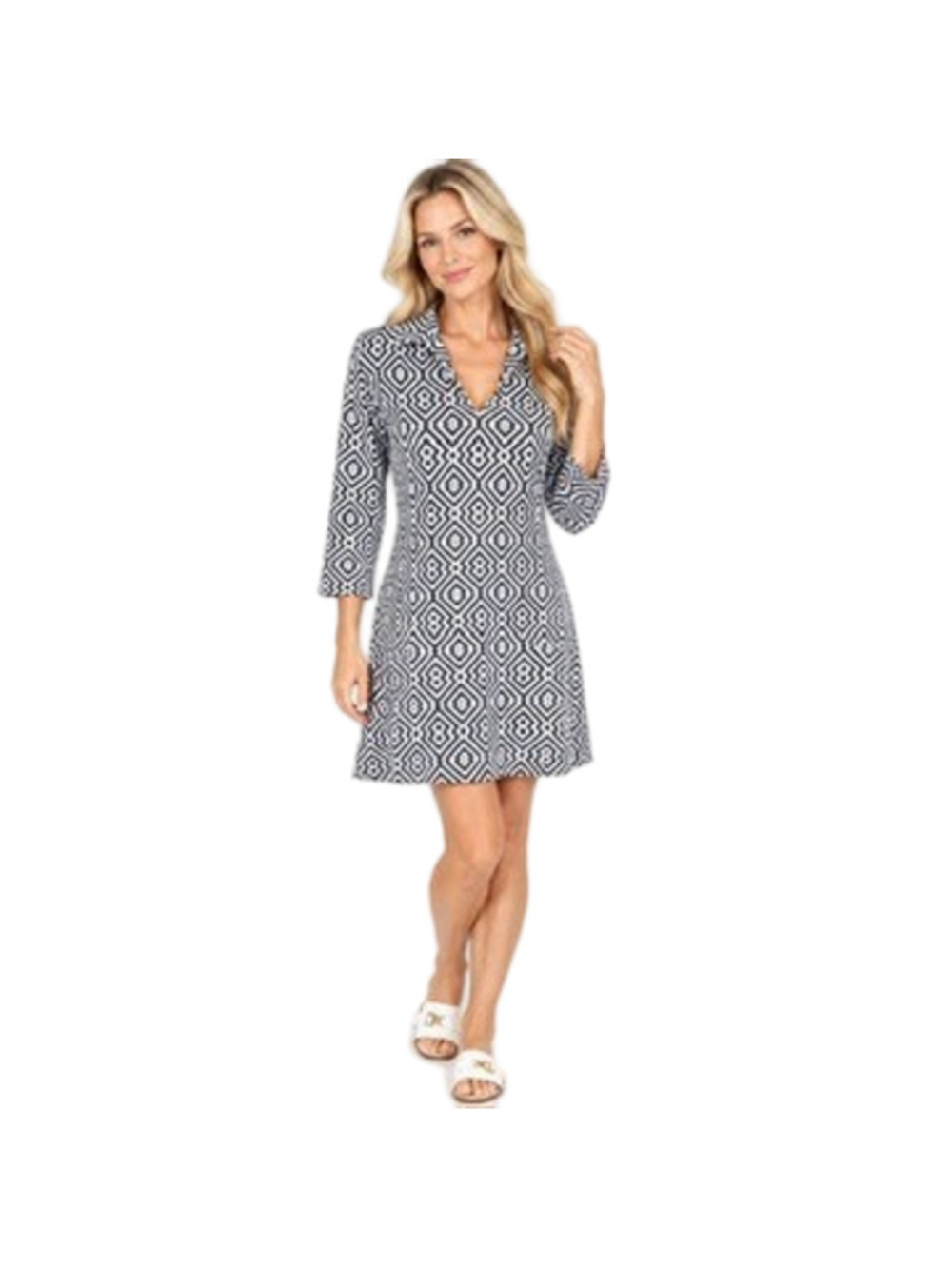 J. McLaughlin Geometric Print Catalina Cloth Shift Dress V-Neck 3/4 Sleeve Sz S